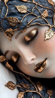 Ethereal female face with closed eyes and golden metallic makeup, adorned with delicate bronze leaves and vines against dark textured background. Artistic beauty portrait.