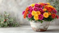 Vibrant multicolored chrysanthemum flowers in rustic whitewashed pot against neutral background, creating cheerful autumn display for home decoration.