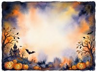 Watercolor Halloween frame with spooky haunted house, jack-o-lantern pumpkins, bare trees and flying bats on atmospheric orange purple sky background for seasonal designs.