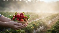 Fresh ripe strawberries in wicker basket held by hands at organic farm during golden hour sunrise with soft natural lighting and bokeh background.