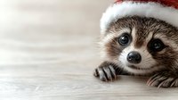 Adorable baby raccoon wearing red Santa hat peeking over wooden surface with curious expression during Christmas holiday season for festive greeting cards.