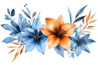 Watercolor floral arrangement with blue and orange lilies, decorative leaves in complementary colors on white background, ready for design use.