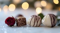 Luxurious chocolate truffles with dark and white chocolate drizzle arranged with red rose on blurred bokeh background. Romantic dessert setting for Valentine's day.