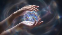Hands cupping glowing energy sphere with swirling cosmic light patterns against dark space background for spiritual healing and mystical concepts.