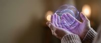Hands holding glowing brain hologram with neural networks, representing artificial intelligence, neuroscience research, mental health awareness and cognitive technology innovation.