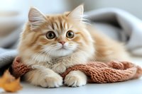 Adorable cream colored Persian cat with big round eyes lying on cozy knitted blanket. Fluffy feline pet looking up with curious expression in soft morning light.