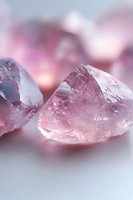 Raw rose quartz crystals in soft pink hues with natural geometric formations and translucent surfaces captured in dreamy macro photography against blurred background.