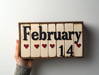 Wooden calendar blocks spelling February 14 with red hearts, held by hand in gray sweater against white wall for Valentine's Day decoration.