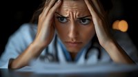 Young Caucasian female medical professional in scrubs showing signs of stress, exhaustion and burnout while working late, holding head in hands with worried expression.