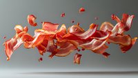 Crispy bacon strips floating in air against gray background, dynamic food photography capturing motion and texture of fried meat slices in horizontal composition.
