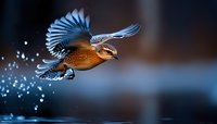 Kingfisher bird in dynamic flight catching fish from water, wings spread wide with water droplets splashing, dramatic lighting against dark background.
