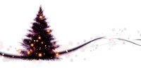 Glowing Christmas tree silhouette with warm lights against white background, decorated with bokeh effects and flowing curved line design element for holiday cards.
