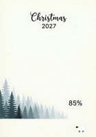 Minimalist holiday poster with evergreen forest silhouettes in layered teal and cream tones, featuring Christmas 2027 text and 85 percent discount offer for seasonal promotions.