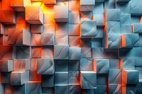 Abstract geometric background with protruding cubes in orange and blue gradient colors creating dynamic pattern with light and shadow effects.