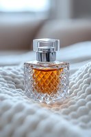 Luxury perfume bottle with amber liquid on white knitted texture. Crystal glass container features geometric diamond pattern design, elegant silver cap.