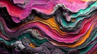 Vibrant wavy layers in pink, orange, teal and black create abstract geological formation pattern with rich texture and dynamic flowing movement. Modern art background.