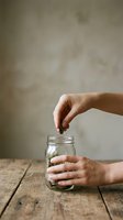 Woman hands putting coins into glass jar on wooden table for savings and financial planning concept.