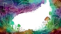 Psychedelic mushroom forest frame with rainbow gradient colors and white center space for text or design elements on isolated background.