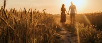 Couple walking through golden wheat field at sunset with warm sunlight creating romantic agricultural landscape for farming and harvest season concepts.