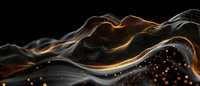 Abstract digital landscape with flowing golden and black mesh waves creating futuristic terrain with glowing particles and luminous contours.