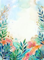 Tropical watercolor floral frame with gold accents, lush green leaves, pink blooms, and teal splashes on a light background with copy space.
