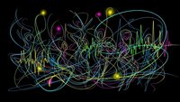 Abstract colorful tangled lines and swirls with glowing dots on black background for creative design projects and digital art compositions.