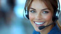 Smiling customer service representative wearing headset and blue uniform against blurred background. Professional call center operator with bright smile.