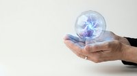 Businessman hands holding glowing plasma ball with electric energy streams for innovation technology and creative power concepts.