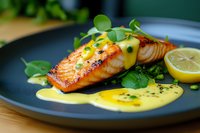 Grilled salmon fillet with creamy hollandaise sauce, black sesame seeds, fresh watercress leaves and lemon slice served on dark plate, restaurant dish.