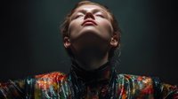 Young woman with red lips in dramatic lighting wearing colorful patterned jacket against dark background, creating atmospheric mood for fashion or portrait photography.