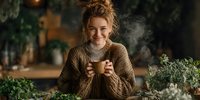 Young woman enjoying hot coffee in cozy kitchen surrounded by fresh herbs and plants. Warm morning lifestyle moment with steam rising from mug.