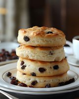 Fresh baked raisin scones stacked on white plate with scattered dried fruit, golden brown crust and fluffy texture showing classic British teatime treat.