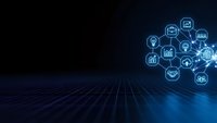 Digital technology network with glowing business icons on dark blue background for corporate presentations and tech solutions.