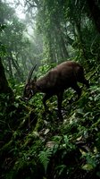 Wild antelope grazing in lush tropical rainforest with dense green vegetation and misty atmospheric lighting creating natural wildlife habitat scene.