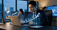 Asian businessman analyzing financial data with holographic charts on laptop in modern office during evening hours working late on investment strategy.
