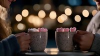 Two speckled ceramic mugs filled with hot cocoa and heart-shaped marshmallows against blurred warm bokeh lights, creating romantic atmosphere for cozy winter date.