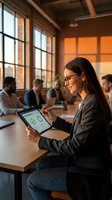 Professional businesswoman using tablet in modern office meeting room with colleagues working in background during golden hour lighting.
