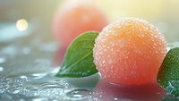 Fresh ripe peach with water droplets and green leaves on wet surface creating refreshing summer fruit composition for healthy eating concepts.