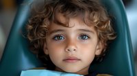 Young curly-haired boy with blue eyes sitting in teal chair, child portrait with soft lighting for family and parenting content.