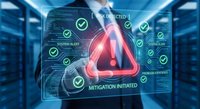 Cybersecurity threat detection system with warning alert and mitigation protocols in modern data center server room environment.