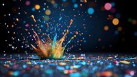 Colorful liquid crown splash with droplets against dark background with bokeh lights and glitter particles creating magical festive atmosphere.