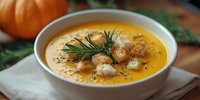 Creamy pumpkin soup with herbs and croutons served in white bowl, perfect for autumn comfort food recipes and seasonal cooking content.