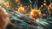 Microscopic view of glowing orange virus cells floating in blue fluid environment, showing detailed spike proteins and cellular structure in dramatic lighting.