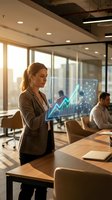 Caucasian woman in business attire analyzing holographic financial data with upward trending charts in modern office conference room with colleagues working in background.