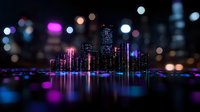 Modern city skyline at night with vibrant neon purple and blue lights reflecting on water surface, blurred bokeh lights creating dreamy urban atmosphere.