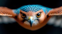 Majestic bird of prey in dynamic flight with spread wings and intense golden eyes against dark background for wildlife and nature designs.