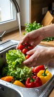 Hands washing fresh cherry tomatoes under running water in kitchen sink with colorful vegetables for healthy meal preparation and cooking.