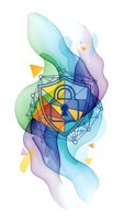 Abstract cybersecurity shield with lock symbol on flowing watercolor background for digital protection and data security concepts.