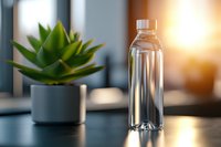 Empty transparent plastic bottle and succulent plant in gray pot on dark table with warm sunlight background, minimalist eco-friendly lifestyle concept.