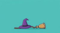 Witch hat with broomstick on turquoise background, isolated design element for Halloween decorations, costumes, invitations, and themed merchandise projects.